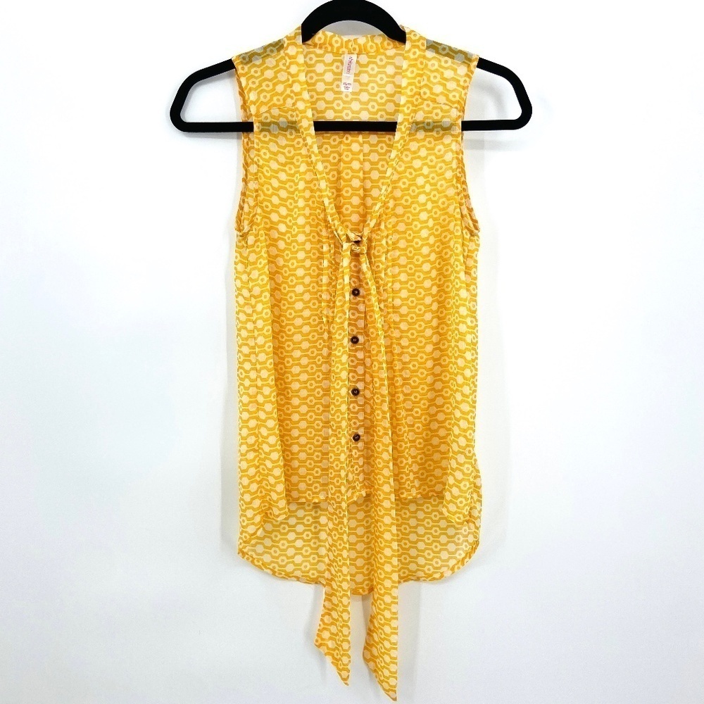 XHILARATION Yellow White Geometric Print Sheer Sleeveless Button Up Blouse XS